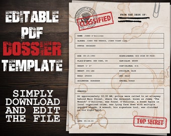 Editable PDF Dossier Template - Digital Download - Customizable Top Secret File - Classified Document - Murder Mystery, Detective, 8.5x11in