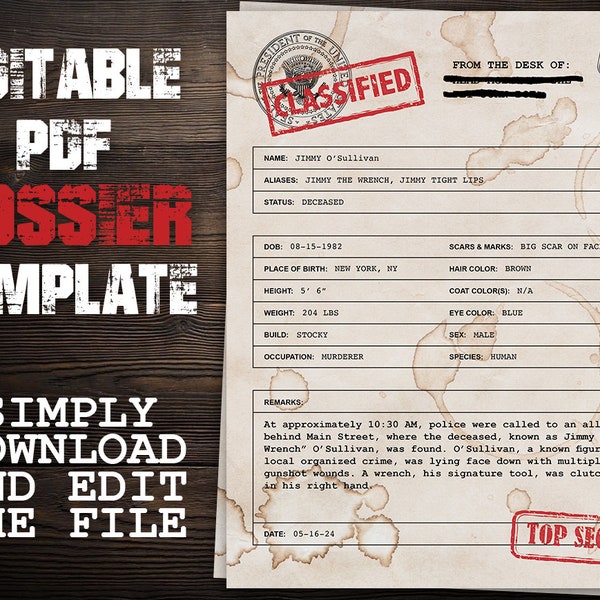 Editable PDF Dossier Template - Digital Download - Customizable Top Secret File - Classified Document - Murder Mystery, Detective, 8.5x11in