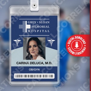 PDF DOWNLOAD - Carina Deluca Grey&#39;s Anatomy, Grey + Sloan Memorial Hospital Card Badge id, Cosplay Costume Name Tag Prop, Halloween, Replica