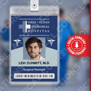 PDF DOWNLOAD - Levi Schmitt Grey&#39;s Anatomy, Grey + Sloan Memorial Hospital Card Badge id, Cosplay Costume Name Tag Prop, Halloween, Replica