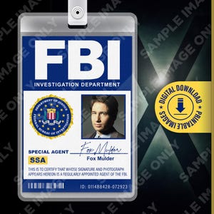 PRINTABLE PDF - X Files Special Agent Fox Mulder Card Badge, Tv Show, Name Tag, FBI Costume, Cosplay, Halloween, Replica, 2.375x3.375in