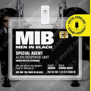 MIB Special Agent Men In Black ID Badge Card Halloween Cosplay Kostuum Naamplaatje - Afdrukbaar PDF-bestand - Kaartformaat 2,375 in x 3,375 in