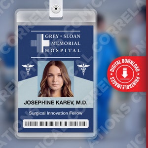PDF DOWNLOAD - Josephine Karev Grey&#39;s Anatomy, Grey + Sloan Memorial Hospital Card Badge id, Cosplay Costume Name Tag Prop, Halloween