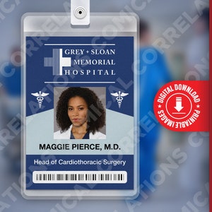 PDF DOWNLOAD - Maggie Pierce Grey&#39;s Anatomy, Grey + Sloan Memorial Hospital Card Badge id, Cosplay Costume Name Tag Prop, Halloween, Replica