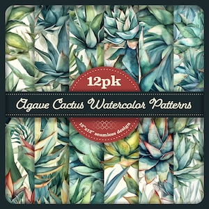 12 Agave Cactus Digital Paper - SEAMLESS - Agave Cactus Watercolor Patterns - 12 Designs - 12x12in - Uso commerciale - Sublimazione floreale