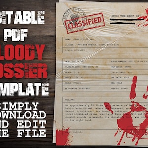 Modelo de Dossiê Sangrento em PDF editável - Download - Arquivo ultrassecreto personalizável - Documento classificado - Mistério de assassinato, Detetive, 8,5 x 11 pol.