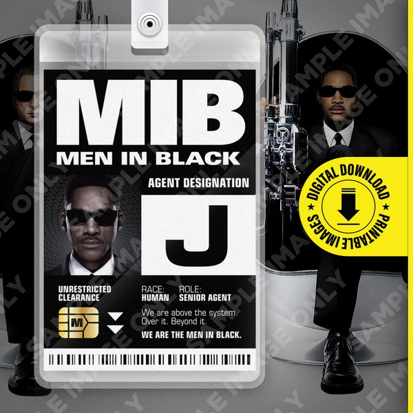 PDF Download - MIB Special Agent Men J In Black ID Badge Card Halloween Cosplay Costume Name Tag  - Card size 2.375 in x 3.375 in