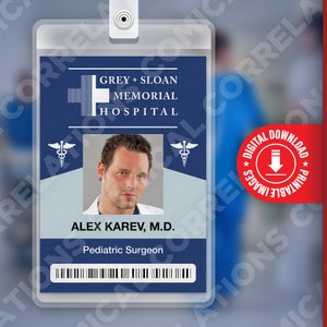 PDF DOWNLOAD - Alex Karev Grey&#39;s Anatomy, Grey + Sloan Memorial Hospital Card Badge id, Cosplay Costume Name Tag Prop, Halloween, Replica