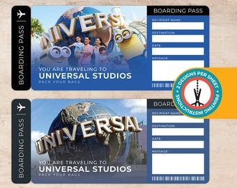 PDF IMPRIMABLE - pass voyage surprise modifiable - billet Universal Studios, entrée cadeau, carte d'embarquement - entrée vacances personnalisable, 3 x 7 pouces