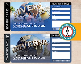 PDF IMPRIMABLE - pass voyage surprise modifiable - billet Universal Studios, entrée cadeau, carte d'embarquement - entrée vacances personnalisable, 3 x 7 pouces