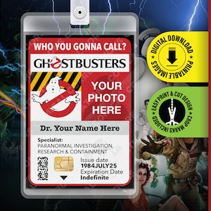 GHOSTBUSTERS, Tarjeta de identificación de película personalizable, Insignia de identificación, Tarjeta de utilería de réplica de disfraz de Halloween, Cosplay, Etiqueta de nombre, Imprimir descarga digital en pdf
