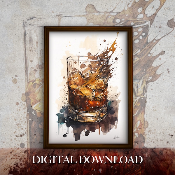 Whiskey Glass / Alcoholic Drink / Dark Liquor / On the Rocks / Old Fashioned / Watercolor Painting / Vintage Art / 24 in x 36 in