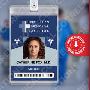 PDF DOWNLOAD - Catherine Fox Grey&#39;s Anatomy, Grey + Sloan Memorial Hospital Card Badge id, Cosplay Costume Name Tag Prop, Halloween, Replica