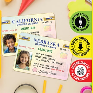 Carteira de habilitação infantil personalizada - DOWNLOAD de PDF - Suporte para cartão de identificação infantil, crachá de identificação divertido para crianças - Tamanho do cartão 2,375 pol x 3,375 pol