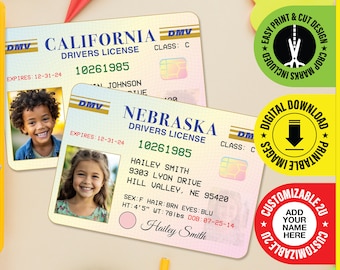 Customized Kids Drivers License - PDF DOWNLOAD - Child identification Card Prop, Fun ID Badge For Kids - Card size 2.375 in x 3.375 in