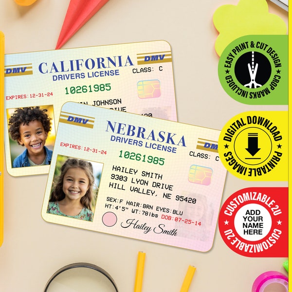 Customized Kids Drivers License - PDF DOWNLOAD - Child identification Card Prop, Fun ID Badge For Kids - Card size 2.375 in x 3.375 in