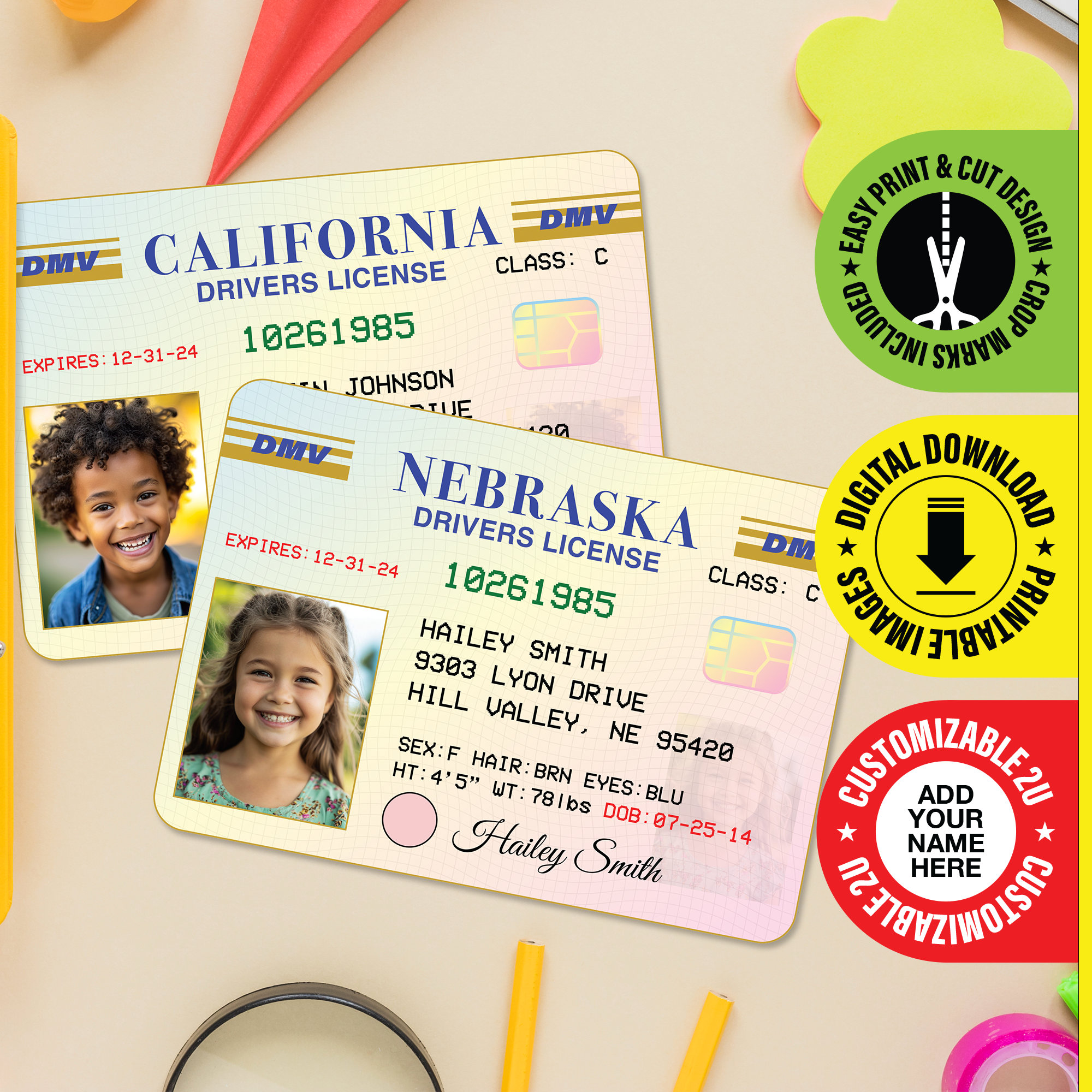 Customized Kids Drivers License - PDF DOWNLOAD - Child identification Card Prop, Fun ID Badge For Kids - Card size 2.375 in x 3.375 in