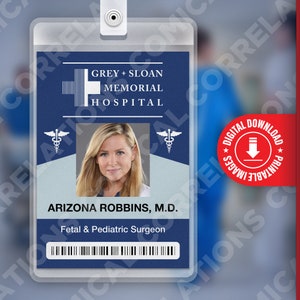 PDF DOWNLOAD - Arizona Robbins Grey&#39;s Anatomy, Grey + Sloan Memorial Hospital Card Badge id, Cosplay Costume Name Tag Prop, Halloween