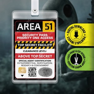 AFDRUKBARE PDF - Area 51 Special Agent ID Card Badge, Top Secret Facility Pass, Aliens, kostuum naamplaatje, cosplay, Halloween, 2.375x3.375in