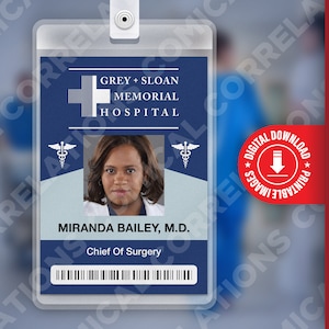 PDF DOWNLOAD - Miranda Bailey Grey&#39;s Anatomy, Grey + Sloan Memorial Hospital Card Badge id, Cosplay Costume Name Tag Prop, Halloween Replica