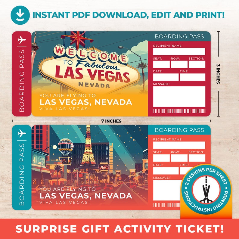 PRINTABLE PDF Editable Surprise Trip Ticket to Las Vegas, Boarding Pass