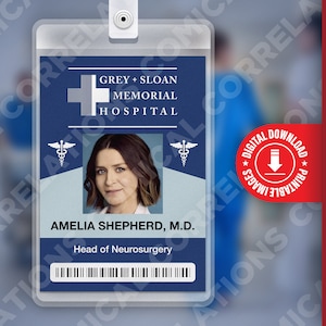 PDF DOWNLOAD - Amelia Shepherd Grey&#39;s Anatomy, Grey + Sloan Memorial Hospital Card Badge id, Cosplay Costume Name Tag Prop, Halloween