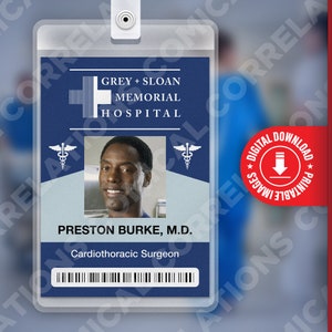 PDF DOWNLOAD - Preston Burke Grey&#39;s Anatomy, Gray + Sloan Memorial Hospital Card Badge id, Cosplay Kostuum Naamplaatje Prop, Halloween, Replica