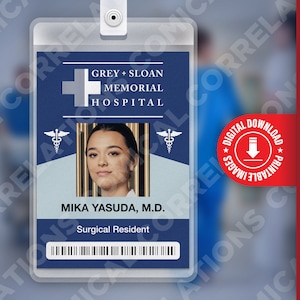 PDF DOWNLOAD - Mika Yasuda Grey&#39;s Anatomy, Grey + Sloan Memorial Hospital Card Badge id, Cosplay Costume Name Tag Prop, Halloween, Replica