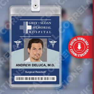 PDF DOWNLOAD - Andrew Deluca Grey&#39;s Anatomy, Grey + Sloan Memorial Hospital Card Badge id, Cosplay Costume Name Tag Prop, Halloween, Replica