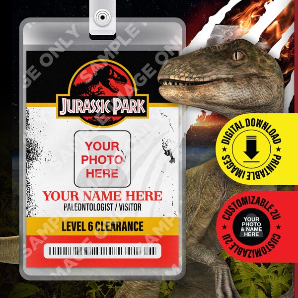 DIGITAL PDF DOWNLOAD - Custom Jurassic Paleontologist Card Badge id, Costume Prop, name Tag, Halloween Cosplay Replica - 2.375x3.375in