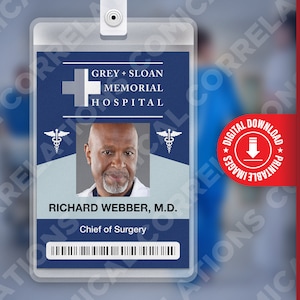 PDF DOWNLOAD - Richard Webber Grey&#39;s Anatomy, Gray + Sloan Memorial Hospital Card Badge id, Cosplay Kostuum Naamplaatje Prop, Halloween Replica