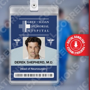PDF DOWNLOAD - Derek Shepherd Grey&#39;s Anatomy, Grey + Sloan Memorial Hospital Card Badge id, Cosplay Costume Name Tag Prop, Halloween Replica