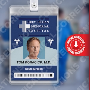 PDF DOWNLOAD - Tom Koracick Grey&#39;s Anatomy, Grey + Sloan Memorial Hospital Card Badge id, Cosplay Costume Name Tag Prop, Halloween, Replica