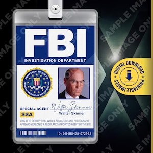 PDF imprimable - badge pour carte X Files agent spécial Walter Skinner, émission de télévision, porte-nom, costume du FBI, cosplay, Halloween, réplique, 2,375 x 3,375 po