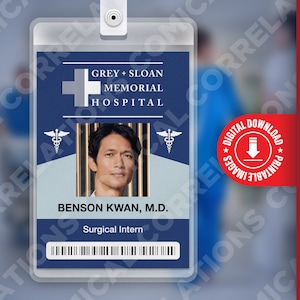 PDF DOWNLOAD - Benson Kwan Grey&#39;s Anatomy, Gray + Sloan Memorial Hospital Card Badge id, Cosplay Kostuum Naamplaatje Prop, Halloween, Replica