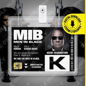 Download PDF - MIB Special Agent K Men In Black ID Badge Card Costume cosplay di Halloween Targhetta con nome - Dimensioni carta 2,375 x 3,375 pollici