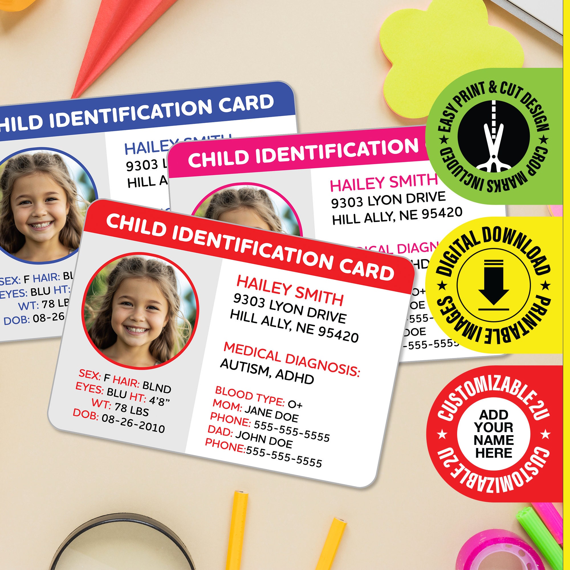 Printable Personalized Kid's ID Badge - Downloadable PDF - Child's Custom Identification Card ...