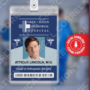 PDF DOWNLOAD - Atticus Lincoln Grey&#39;s Anatomy, Grey + Sloan Memorial Hospital Card Badge id, Cosplay Costume Name Tag Prop, Halloween