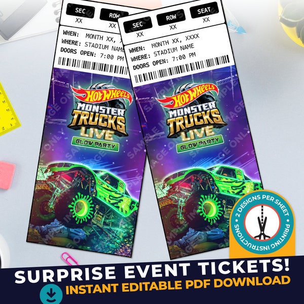 Printable Monster Truck Live Glow Party | Monster Trucks Live Show | Surprise Gift Reveal | Editable Personalized | Instant PDF Download