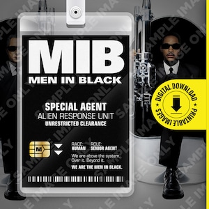 MIB Special Agent Men In Black ID Badge Card Halloween Cosplay Kostuum Naamplaatje - Afdrukbaar PDF-bestand - Kaartformaat 2,375 in x 3,375 in