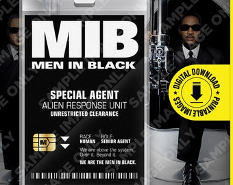 MIB Special Agent Men In Black ID Badge Card Halloween Cosplay Costume Name Tag - Printable PDF file - Card size 2.375 in x 3.375 in