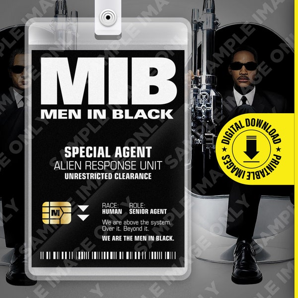 MIB Special Agent Men In Black ID Badge Card Halloween Cosplay Kostüm Namensschild - druckbare PDF-Datei - Kartengröße 6mm x 10mm