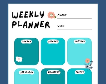 Puede incluir: Un planificador semanal con un esquema de color azul verdoso y azul. El planificador tiene secciones para cada día de la semana, una sección de notas y espacios para el mes y el número de la semana.