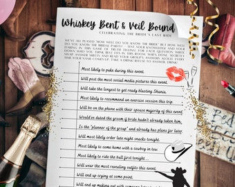 Op de afbeelding: Een witte, printbare spelkaart met de titel "Whiskey Bent & Veil Bound" en een lijst met vragen over de bruiloftsfeest. De kaart toont een cowgirl-silhouet en een cowboyhoed.