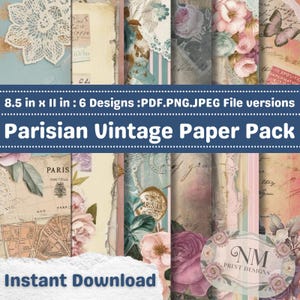 Papeles imprimibles vintage de París para diario basura: juego de 6 hojas de collage estético francés, estilo shabby chic, descarga digital en PDF, PNG y JPEG.