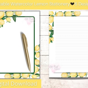 Instant Download-Lemon Stationery set of 6-A4 and 8.5x11-Printable Journal Paper-Study Notes-Printable Stationery-Lined and Unlined-Digital