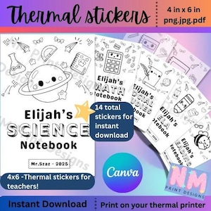 May include: A collection of black and white thermal stickers for notebooks. The stickers include designs for science, math, social studies, and reading. The stickers are 4 x 6 inches and are designed for teachers.