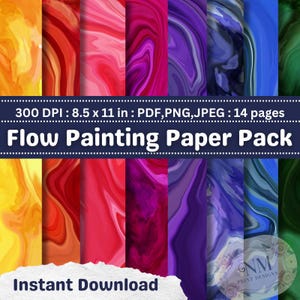 Puede incluir: Un paquete de papel digital con 14 páginas de diseños abstractos de pintura de flujo en varios colores. Los diseños son de estilo marmoleado con remolinos y líneas. El texto "300 DPI: 8,5 x 11 pulgadas: PDF, PNG, JPEG: 14 páginas" y "Flow Painting Paper Pack" está en la parte superior de la imagen. El texto "Descarga instantánea" está en la parte inferior de la imagen. El texto "GNM PRINT DESIGNS" está en la esquina inferior derecha de la imagen.