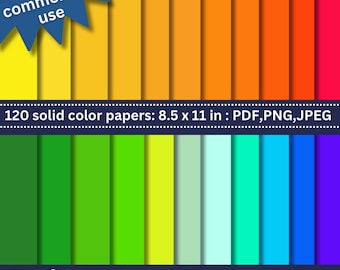 May include: A pack of 120 solid color papers in various shades of green, yellow, orange, red, blue, and purple. The papers are 8.5 x 11 inches and are available in PDF, PNG, and JPEG formats. "Read for commercial use" is written in a blue star shape at the top of the image. "120 solid color papers: 8.5 x 11 in: PDF, PNG, JPEG" is written in a blue banner across the middle of the image. "Solid Color Paper Pack" is written in a blue banner at the bottom of the image.