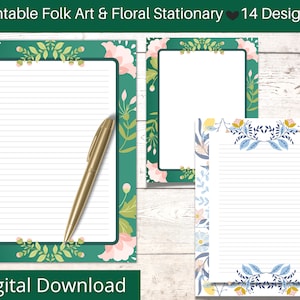 Floral Folk Art Printable Stationery: Lined Writing Paper (Digital Download)